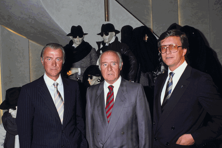 Maurizio Gucci （on the right） pictured with alongside Roberto and Georgio Gucci
